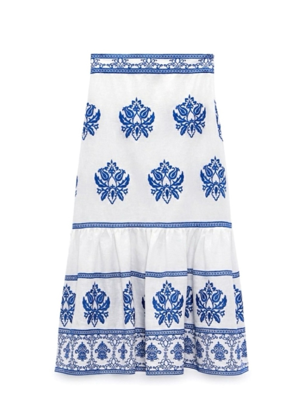 NWT - ZARA White & Blue Floral Print Tiered Maxi Skirt Size XS - Picture 2 of 6